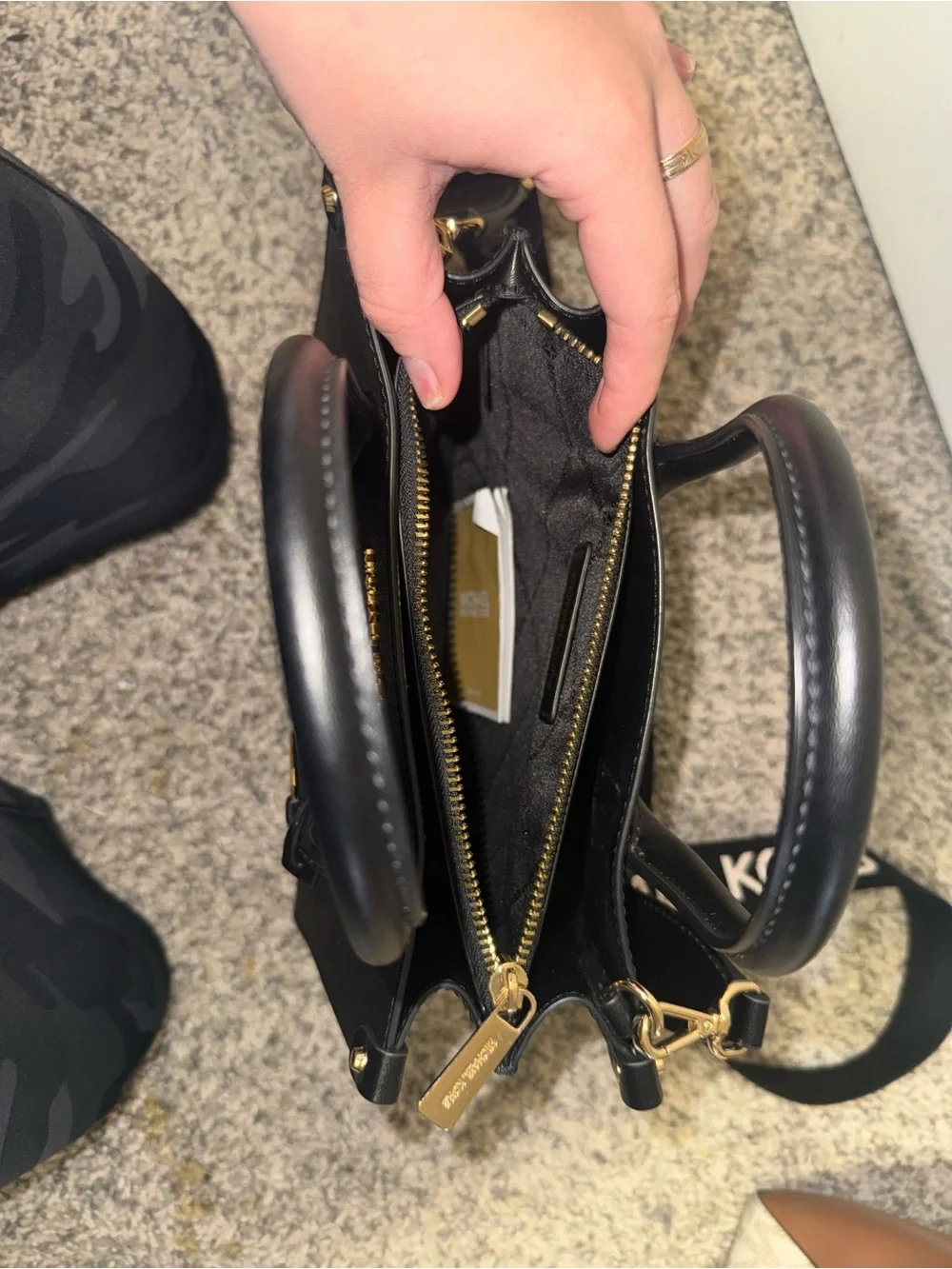 Michael Kors Black Leather Satchel with Gold MK Charm